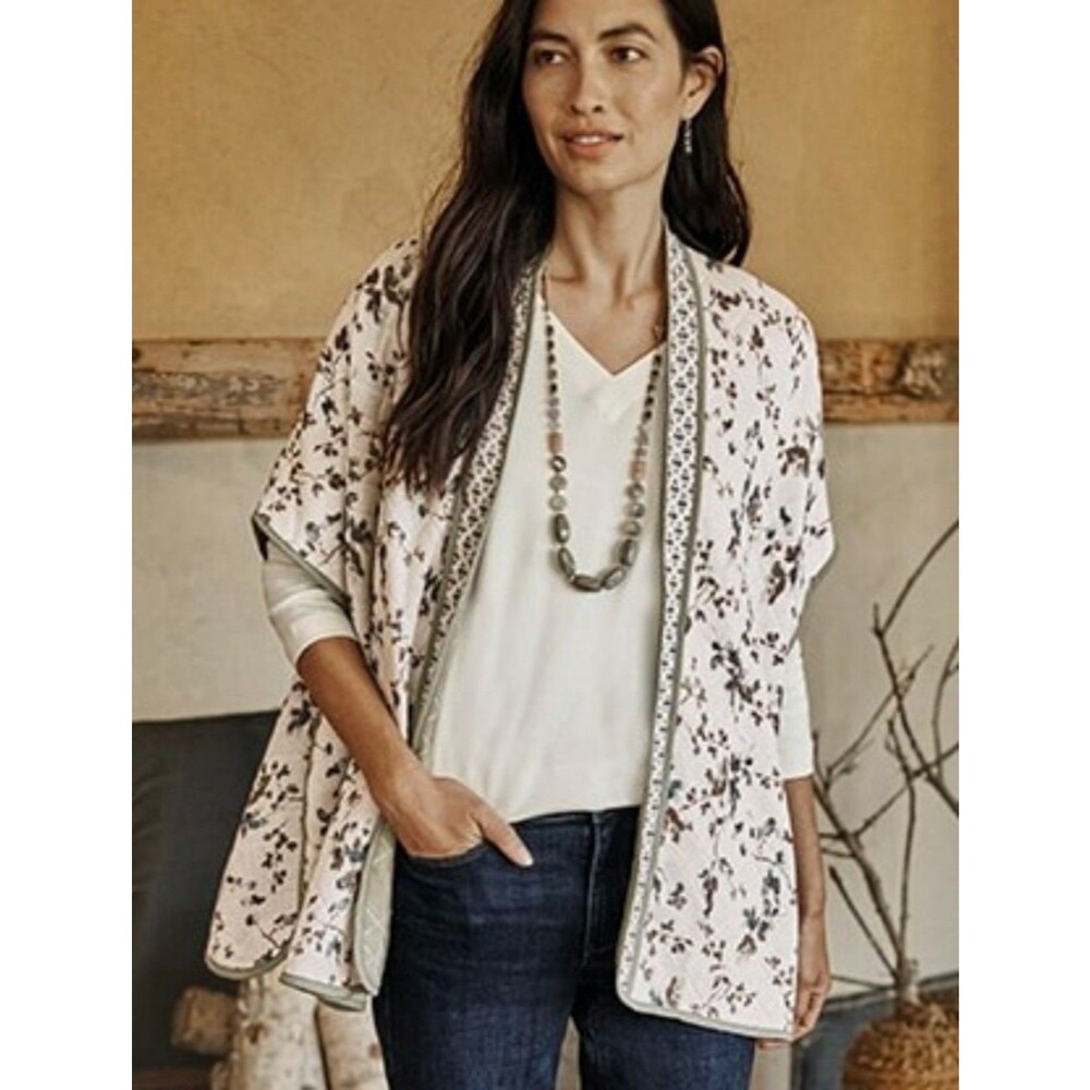 J JILL Quilted Floral Kimono Jacket Cardigan Ruana Wrap - One Size